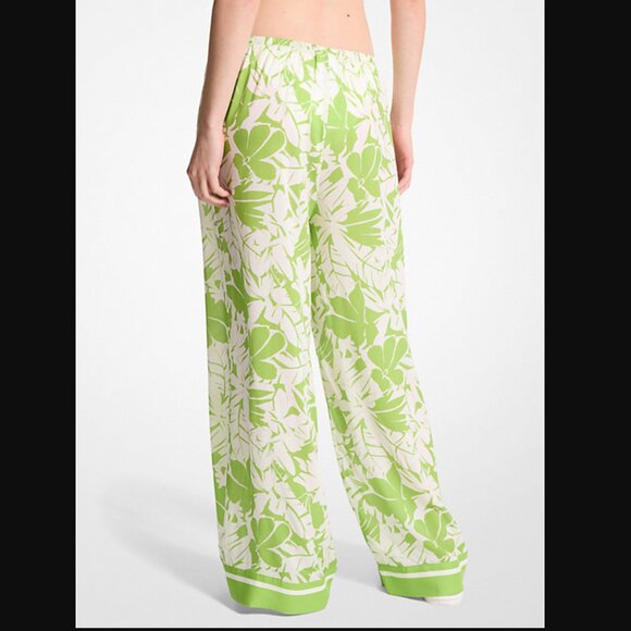 NWT MICHAEL KORS Covet up High Rise Wide Leg Satin Palm Print Pants - Picture 7 of 12
